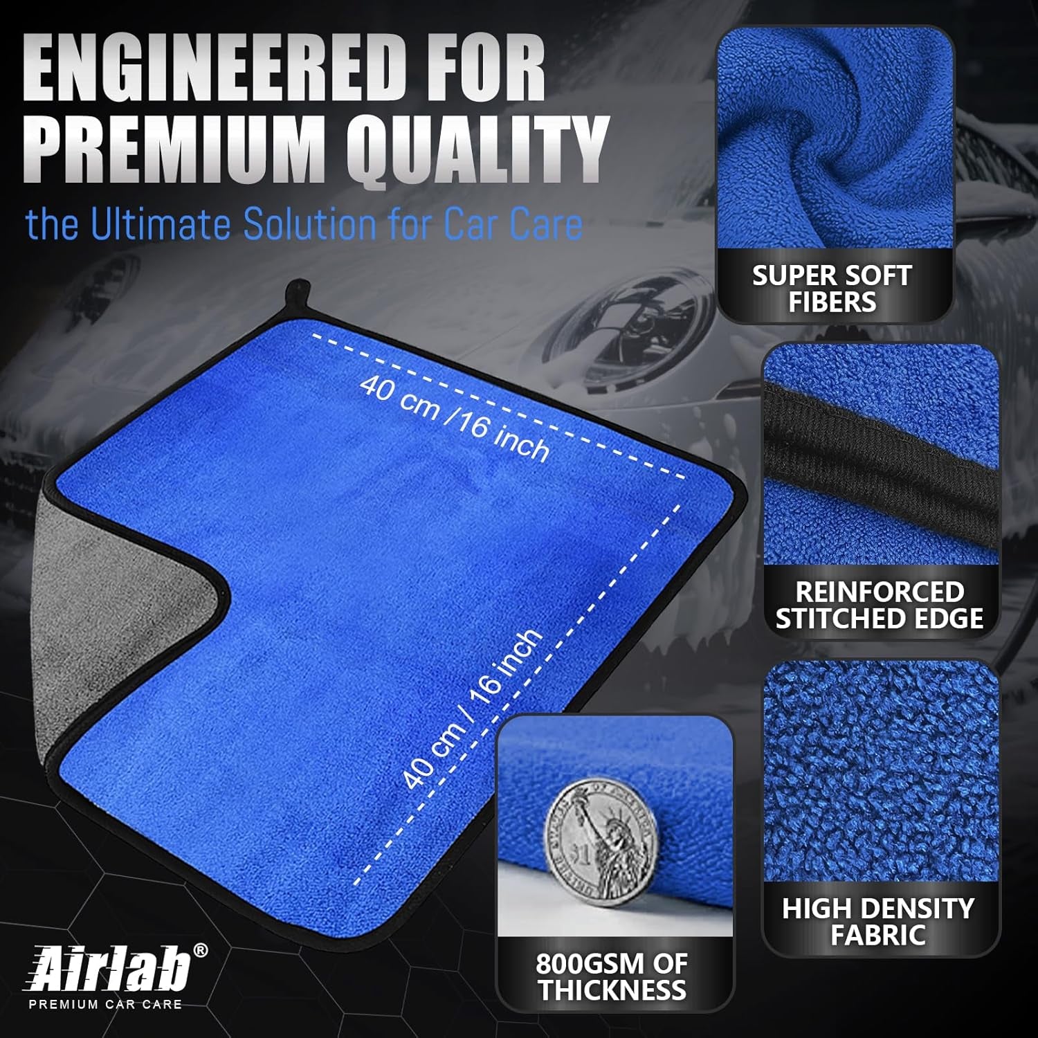 Microfiber Towels for Cars Wash Drying Thick Plush Cleaning Cloth Auto Detailing Super Absorbent for Interior & Exterior Lint Free, Streak Free, 16" X 16", 800 GSM, Pack of 4
