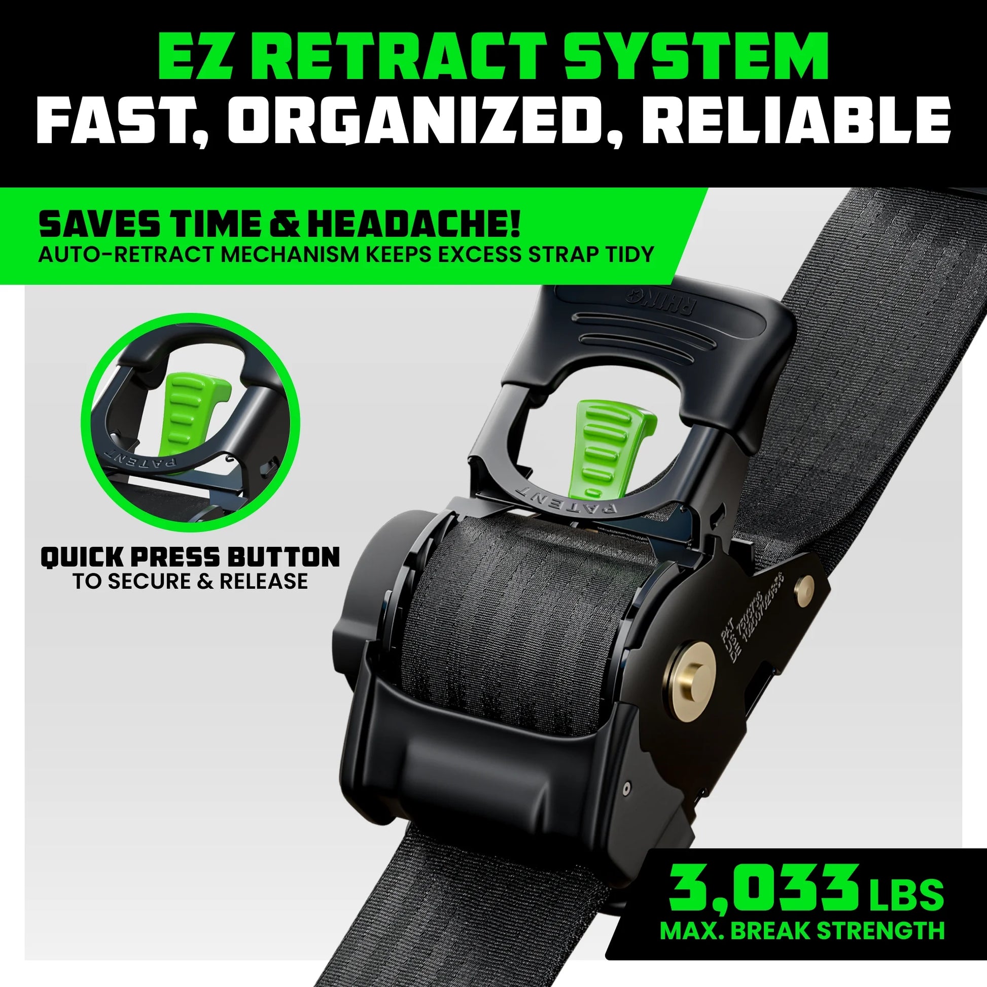 Heavy Duty 2" X 10' Retractable Ratchet Straps (Black 2-Pack)