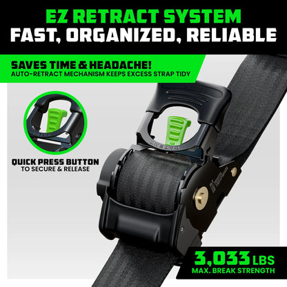 Heavy Duty 2" X 10' Retractable Ratchet Straps (Black 2-Pack)