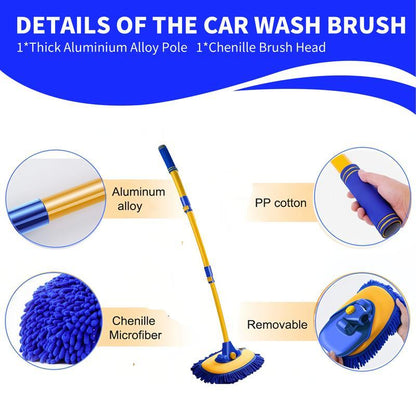 43'' Long Handle Car Wash Mop, 15° Ergonomic Design，Retractable Aluminum Alloy Pole（Durable），Microfiber Car Wash Brush，Avoid Scratching，Suitable for Cars, Trucks, Suvs, Rvs and Home - Car Wash Accessory！Car Washing Kit！Caressentials！Car Lovers Gifts！