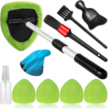 10 Count Windshield Cleaner Tool, Window Cleaning Wash Kit with 4 Microfiber Pads 1 Spray Bottle and Extendable Handle Auto Glass Wiper Kit, Green