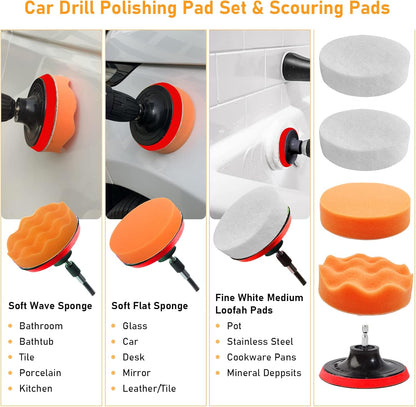 21PCS Car Detailing Drill Brush Kit,Car Detailing Set(Drill Brushes,Windshield Brush,Car Drill Polishing Pads,Scouring Pads,Wash Mitt,Cleaning Gel,Spray Bottle)