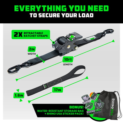 Heavy Duty 2" X 10' Retractable Ratchet Straps (Black 2-Pack)