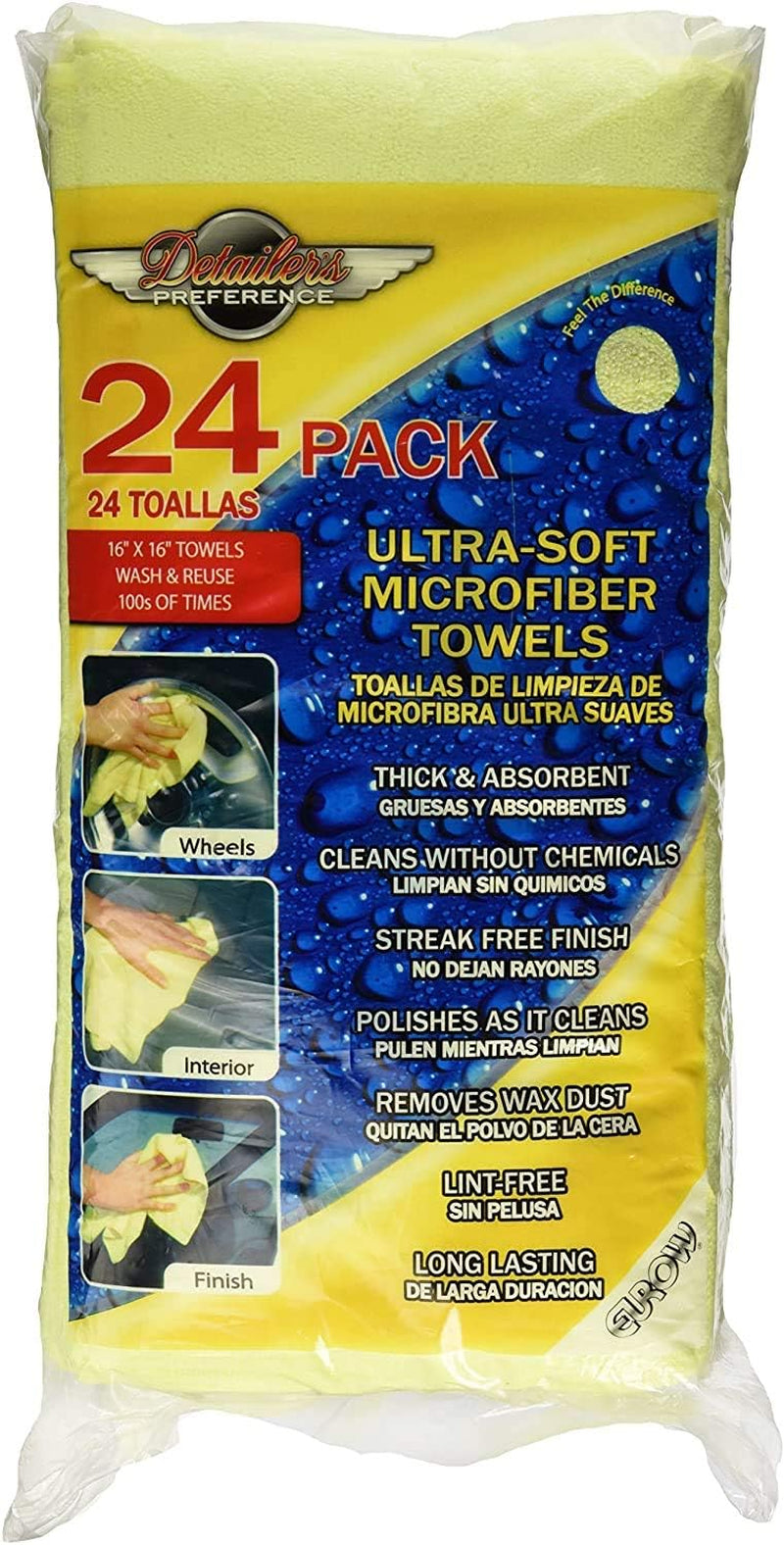 325 GSM Microfiber Deluxe Cleaning Towels, Ultra-Soft, Streak-Free, Reusable, High Absorbency for Car, Home, Garage, Detailing, Safe on All Surfaces, Machine Washable, 16X16In, 24-Pack, Yellow
