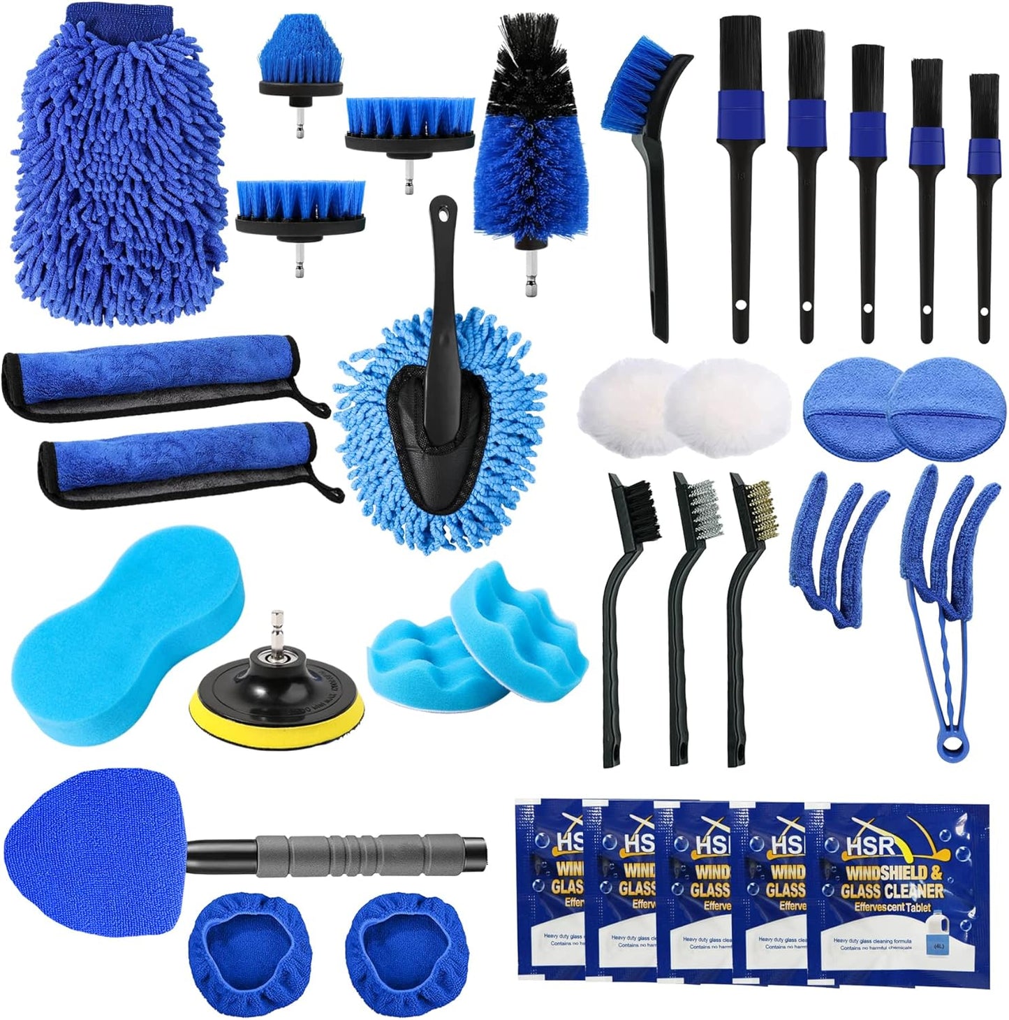 35PCS Car Detailing Brush Kit, Car Exterior Interior Cleaning Detail Brushes Set, House Bathroom Cleaner Tools (Wash Mitt, Towels and Sponge, Windshield Tool, Wheels, Leather, Air Vents), Blue
