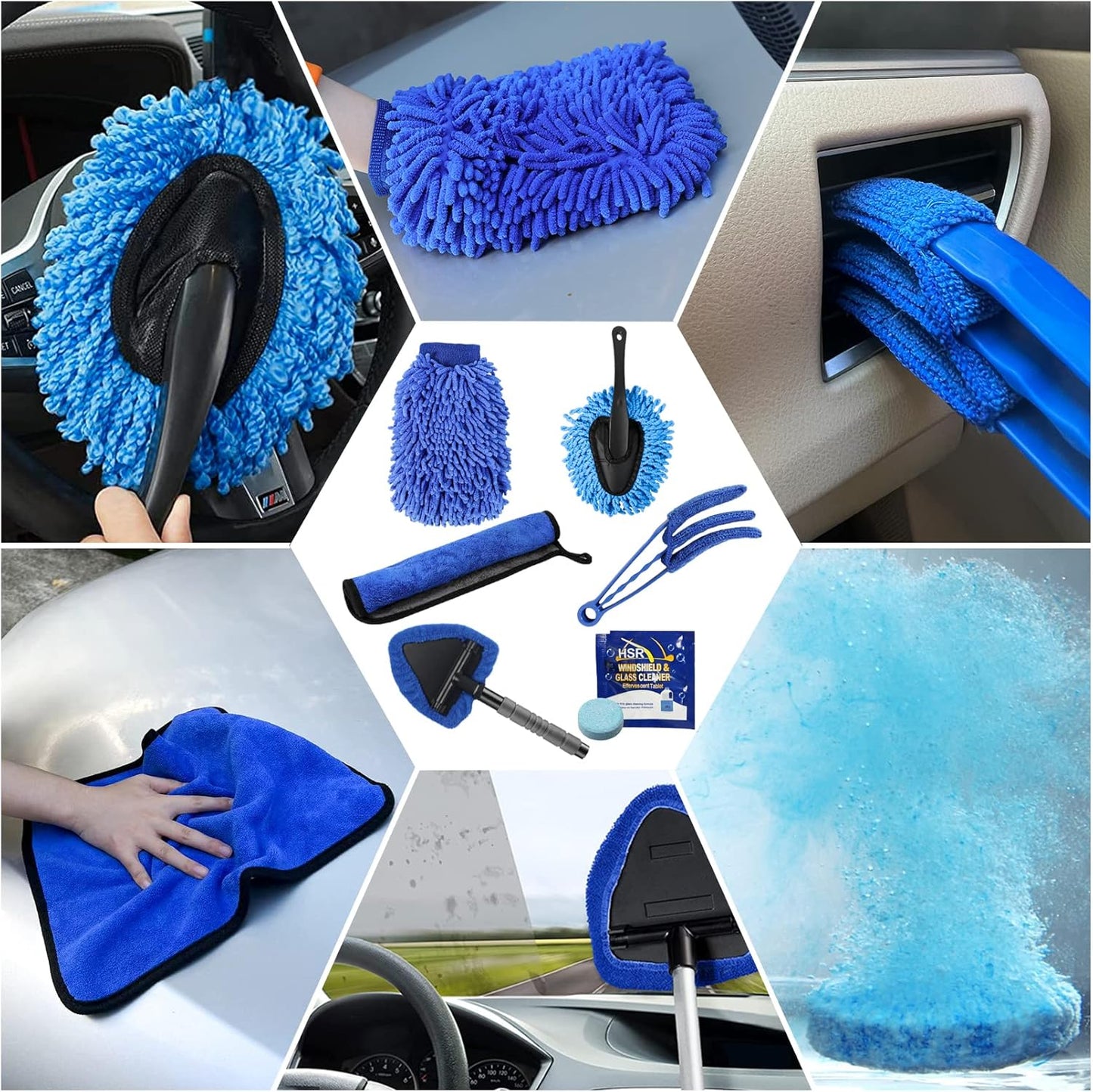 35PCS Car Detailing Brush Kit, Car Exterior Interior Cleaning Detail Brushes Set, House Bathroom Cleaner Tools (Wash Mitt, Towels and Sponge, Windshield Tool, Wheels, Leather, Air Vents), Blue