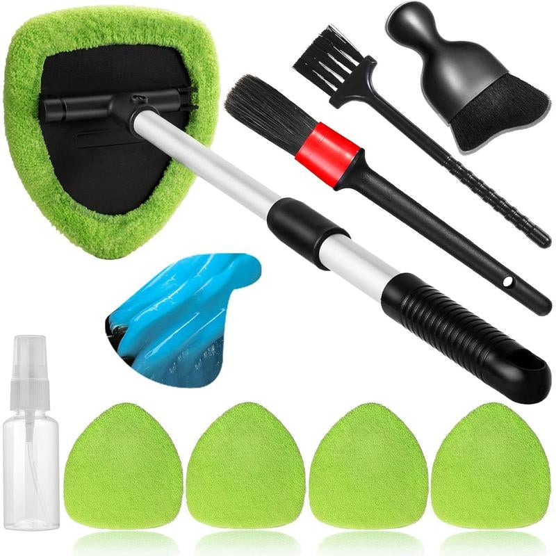 10 Count Windshield Cleaner Tool, Window Cleaning Wash Kit with 4 Microfiber Pads 1 Spray Bottle and Extendable Handle Auto Glass Wiper Kit, Green