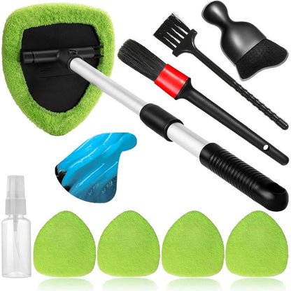 10 Count Windshield Cleaner Tool, Window Cleaning Wash Kit with 4 Microfiber Pads 1 Spray Bottle and Extendable Handle Auto Glass Wiper Kit, Green