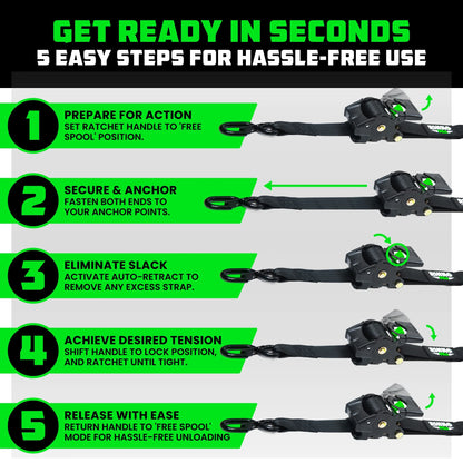 Heavy Duty 2" X 10' Retractable Ratchet Straps (Black 2-Pack)