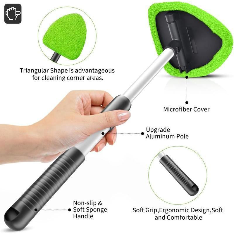 Windshield Cleaning Tool, Car Window Cleaner Windshield Cleaner with 3 Reusable and Washable Microfiber Pads and Extendable Handle Auto inside Glass Wiper