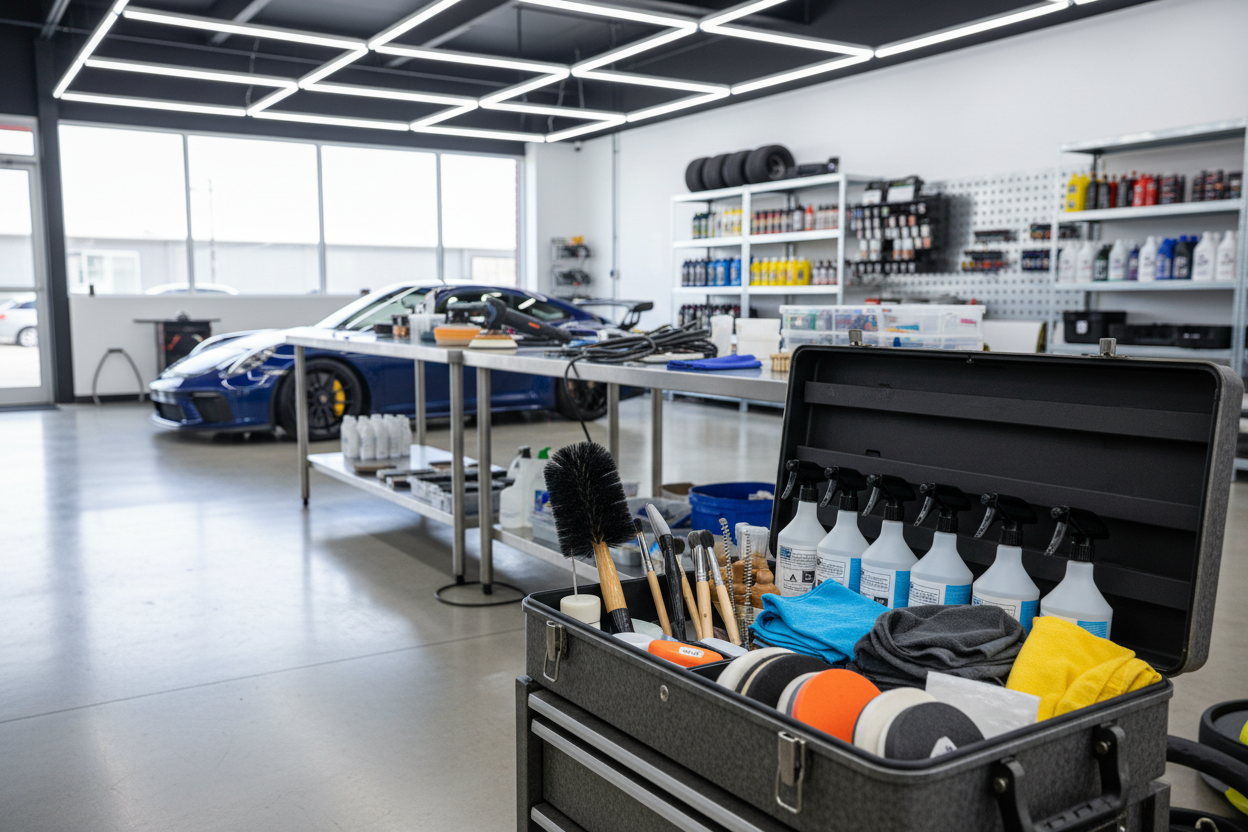 another workshop image, has to have some essential tools on a toolbox, the picture should show the shop, maybe a car, make them metal tables