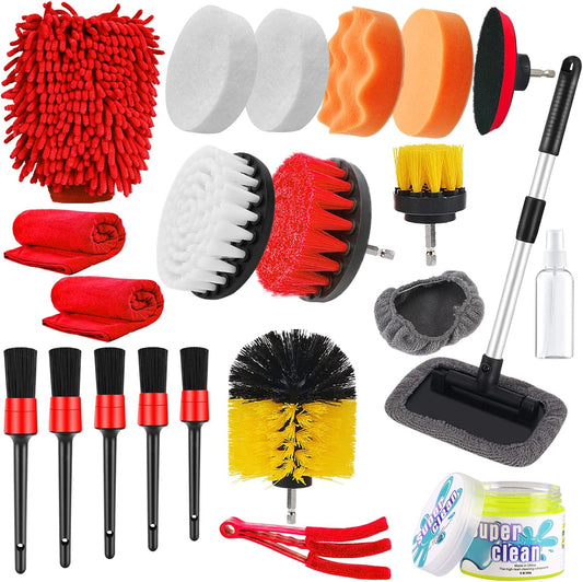 21PCS Car Detailing Drill Brush Kit,Car Detailing Set(Drill Brushes,Windshield Brush,Car Drill Polishing Pads,Scouring Pads,Wash Mitt,Cleaning Gel,Spray Bottle)
