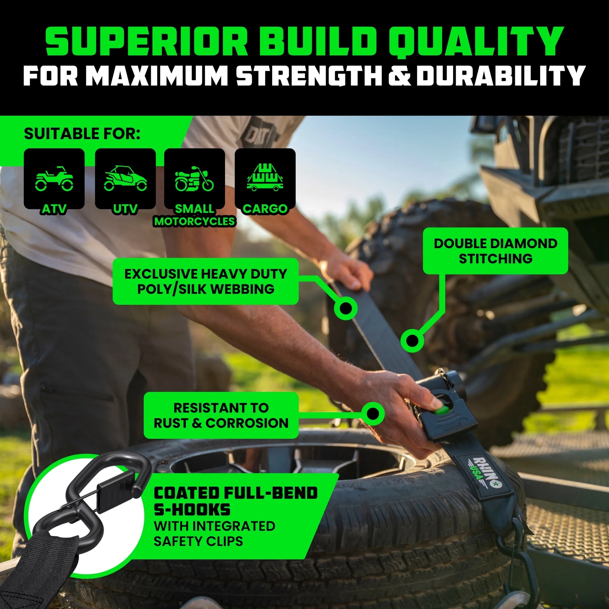 Heavy Duty 2" X 10' Retractable Ratchet Straps (Black 2-Pack)