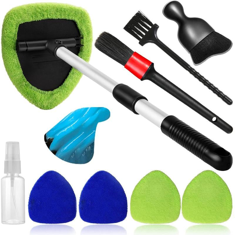 10 Count Windshield Cleaner Tool, Window Cleaning Wash Kit with 4 Microfiber Pads 1 Spray Bottle and Extendable Handle Auto Glass Wiper Kit, Green