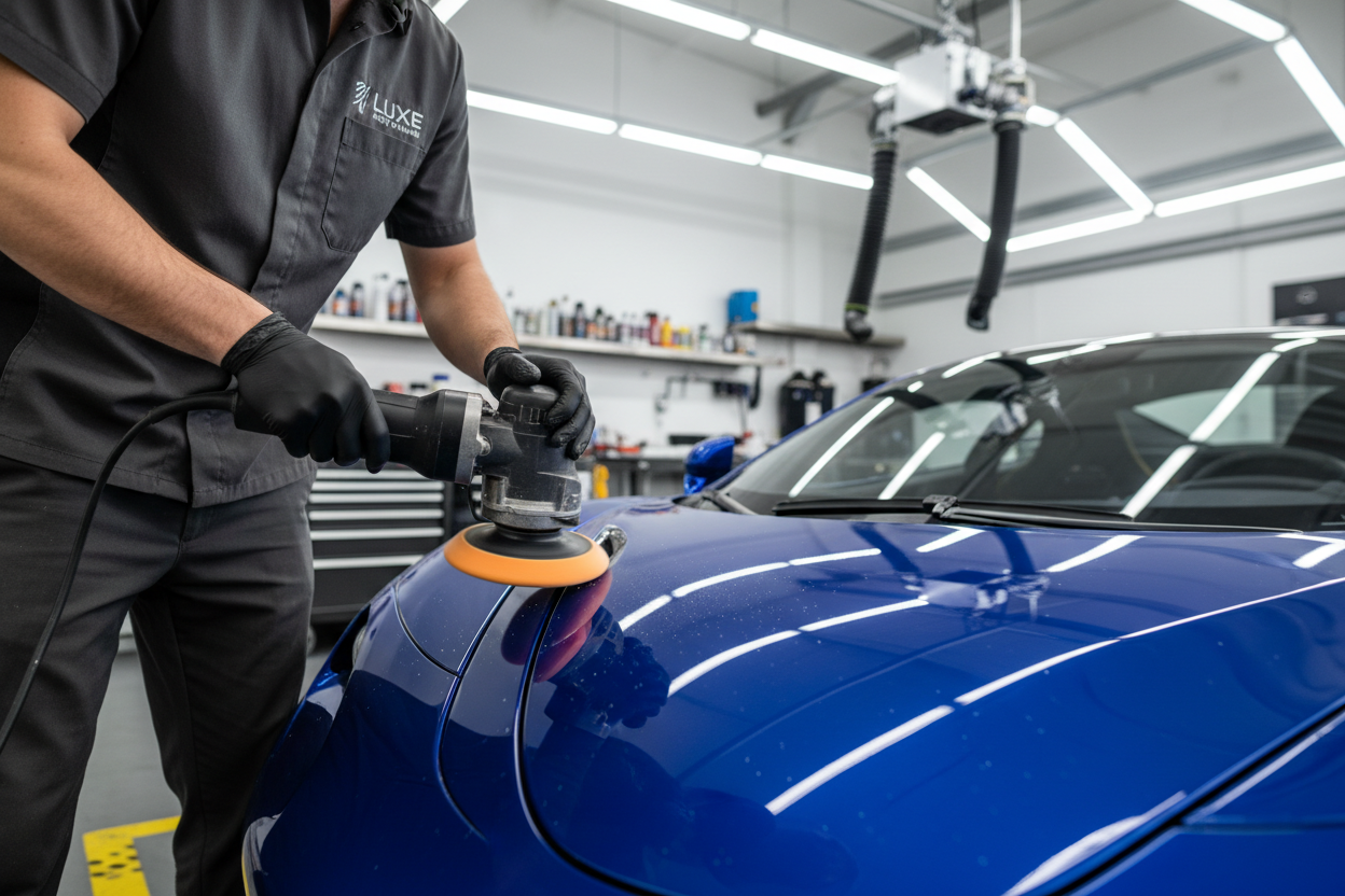 need a detailer using a tool to clean a car, make it look professional.