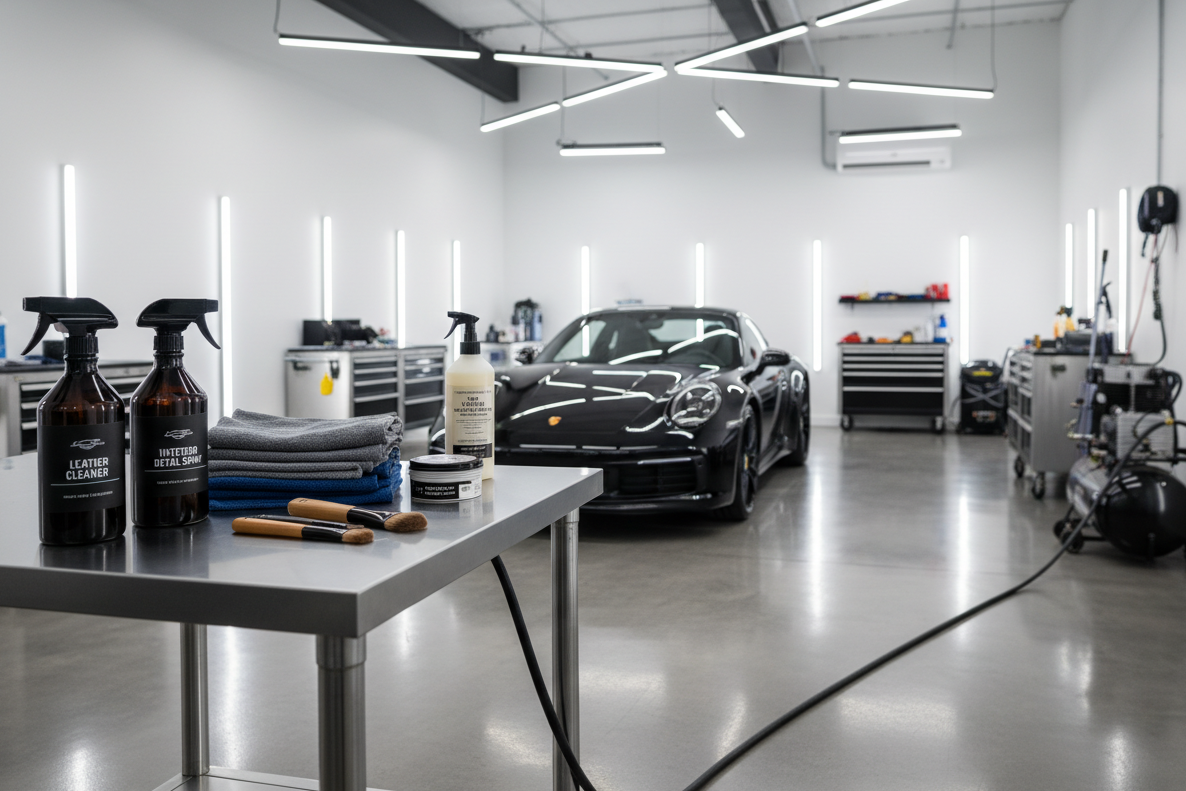 picture is for interior detaling page, I dont really know what to put, maybe a metal table with some products on it, and a car in the background, with a airhose on the ground, and a shop background, try to make it look professional and realistic, thank you.