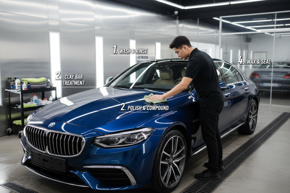 show and interior or extirior being cleaned and then like bulitens or numbers with the steps not like that it should look more realistic. You are making a photo with someone detailing a car, anywhere on this photo should be 3-5 steps of detailing the car